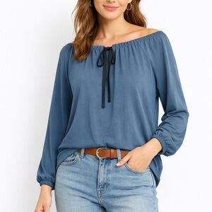 Reversible Blouse Blue Gathered Long Sleeve Business Casual Top Relax Fit size M